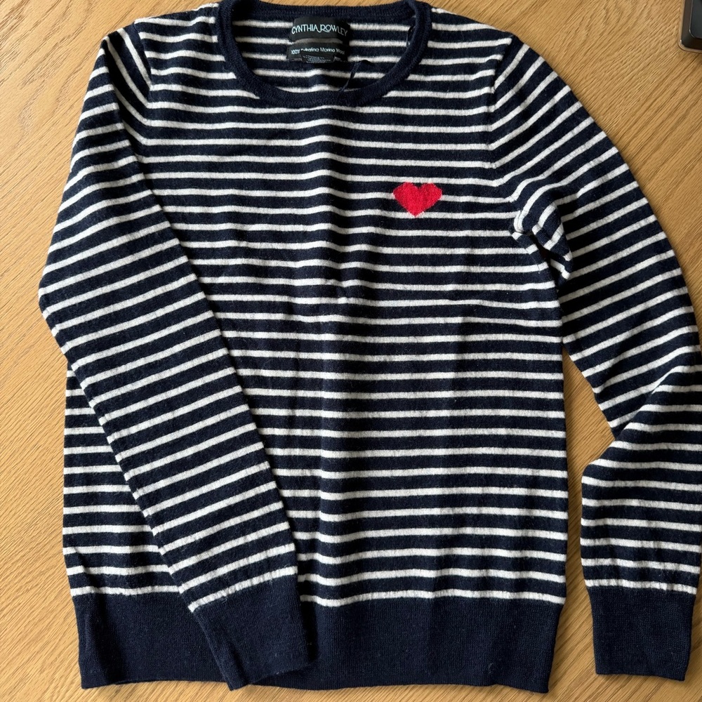 Cynthia Rowley Navy & White Striped Sweater w Red Heart Small 100% Merino Wool